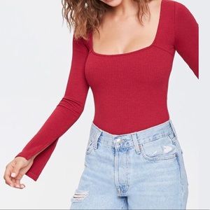 Forever 21 Red Ribbed Vented-Sleeve Bodysuit